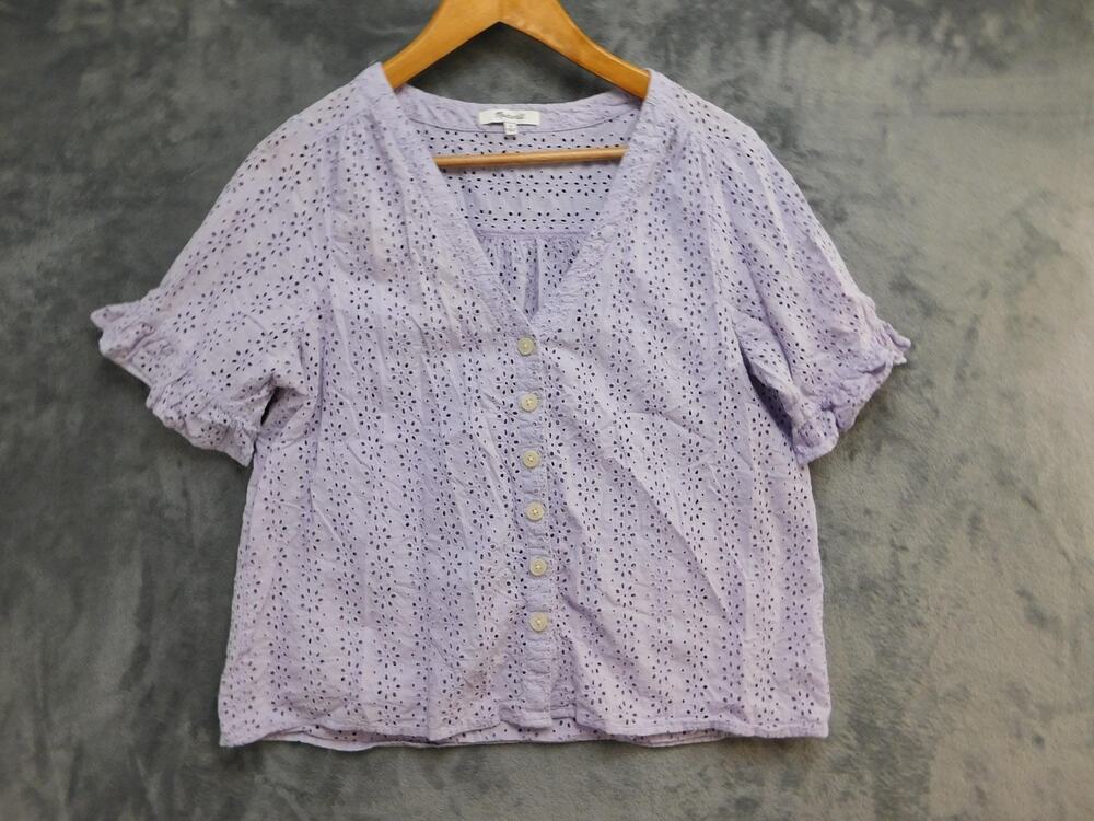 Madewell Blouse Womens M Purple V-Neck Short Sleeve Eyelet Button 100% Cotton